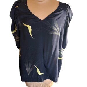 Burning Torch Silk Bird Print Top Sheer Navy Flutter Sleeve Boho Designer Small
